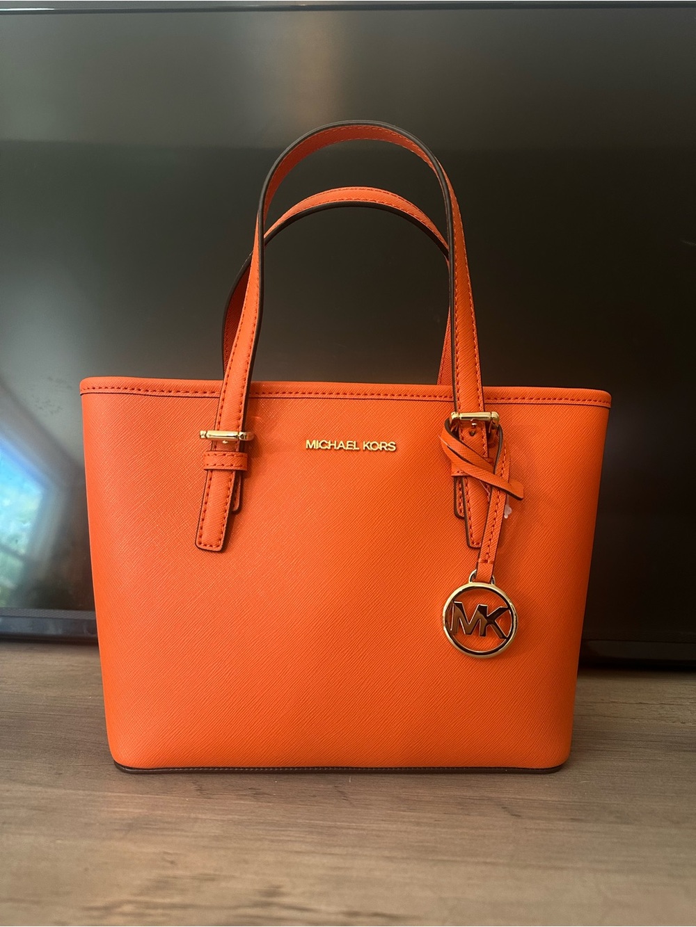 Michael Kors Orange Saffiano Leather Handbag Tote with MK Charm